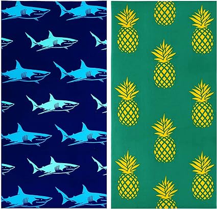 Photo 1 of 2 Packs Oversized Beach Towel Set, 36 x 70 In Xl Extra Large Jumbo Big Soft Clearance Pool Swim Travel Camping Towels Blanket Bulk for Adult Women Men Cruise Lounge Cover Gift Shark Pineapple 