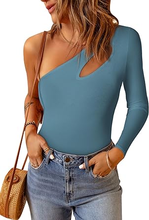 Photo 1 of BLENCOT Women One Shoulder Cutout Bodysuits Summer Ribbed Knit Tank Tops Casual Trendy Blouses SIZE L 