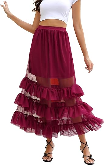 Photo 1 of ClearFlower Women's Summer Long Tulle Skirt Formal Dress High Elastic Waist Pleated Midi Tutu Party Night-Out-Skirts  SIZE S