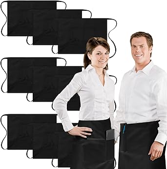 Photo 1 of 12 Pack Server Apron Black Half Bistro Apron 18.9 x 27.56 Inch 2 Pockets Unisex Waist Apron for Men Women Waitress 