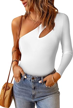 Photo 1 of BLENCOT Women One Shoulder Cutout Bodysuits Summer Ribbed Knit Tank Tops Casual Trendy Blouses SIZE S
