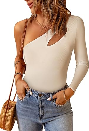 Photo 1 of BLENCOT Women One Shoulder Cutout Bodysuits Summer Ribbed Knit Tank Tops Casual Trendy Blouses SIZE 2XL 