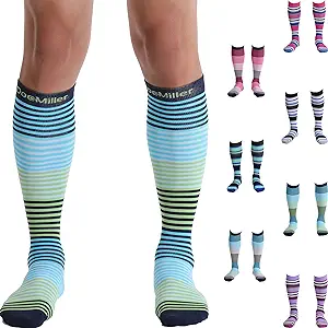 Photo 1 of Doc Miller Compression Socks for Women and Men 15-20mmHg - Knee High Support Socks for Circulation Boost, Recovery from Shin Splints, Swelling and Varicose Veins 1 Pair XX-Large - Bright Green Stripes