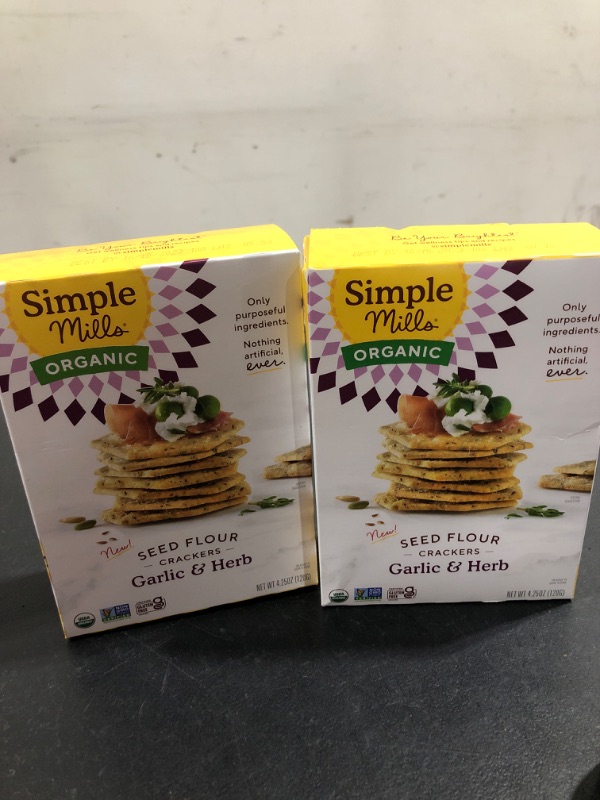 Photo 2 of 2PACK Simple Mills Organic Seed Crackers, Garlic & Herb - Gluten Free, Vegan, Healthy Snacks, Paleo Friendly, 4.25 Ounce (Pack of 1) Garlic & Herb 4.25 Ounce BB 10/15/2023