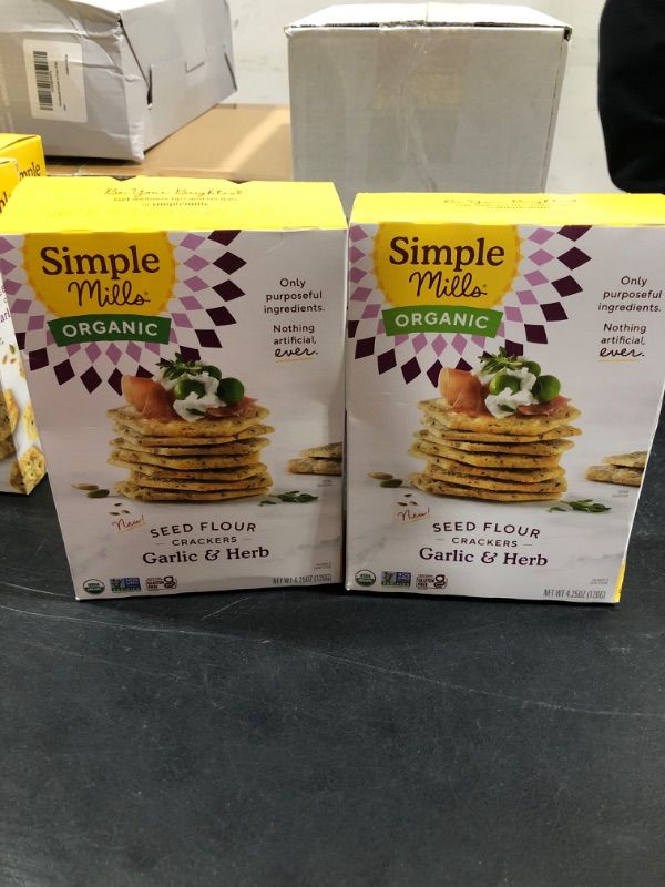 Photo 2 of 2 PACK Simple Mills Organic Seed Crackers, Garlic & Herb - Gluten Free, Vegan, Healthy Snacks, Paleo Friendly, 4.25 Ounce  Garlic & Herb 4.25 Ounce BB 10/15/2023