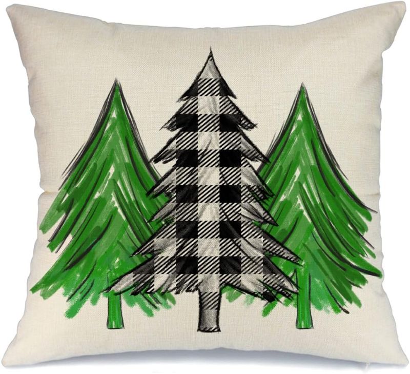 Photo 1 of 3 PACK-GEEORY Christmas Pillow Cover 18x18 for Christmas Decorations Buffalo Plaid Chirstmas Tree Lumbar Pillow Cover Pillows Winter Holiday Throw Pillows Christmas Farmhouse Decor Green