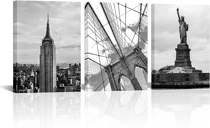Photo 1 of TiuAuiT 3 Pieces New York Cityscape Canvas Wall Art Black and White Modern Building Photogrph Prints Brookyn Bridge Artwork for Living Room Bedroom Leisur Room Stretched and Framed Ready to Hang (12"x16"x3pcs) 