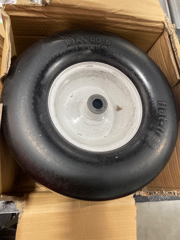 Photo 3 of 2 PCS Upgrade 13x5.00-6" Flat Free Lawn Mower Smooth Tire, Commercial Grade Lawn and Garden Mower Turf Replacement Solid Tire and Wheel with Steel Rim, 3/4" Grease Bushing and 3.25"-5.9" Centered Hub