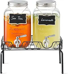 Photo 1 of 1 Gallon Glass Drink Dispensers For Parties 2PACK.Beverage Dispenser?Drink Dispenser With Stand And Stainless Steel Spigot 100% Leakproof.Glass Drink Dispenser With Ice Cylinder. Lemonade