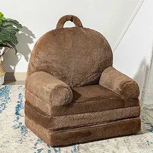 Photo 1 of  Plush Foldable Kids Sofa, Children Couch Backrest Armchair Bed with Pocket and Handle, Upholstered 2 in 1 Flip Open Infant Baby Seat for Living Room Bedroom, Brown
