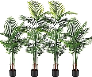 Photo 1 of 4 Pack Artificial Areca Palm Plant Fake Palm Tree, Faux Plant for Home Decor Indoor Outdoor Faux Areca Palm Tree in Pot for Home Office Housewarming Gift Modern Decoration, 4 Feet, 5 Feet