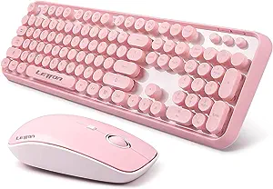 Photo 1 of Pink Wireless Keyboard Mouse Combo, 2.4GHz Wireless Retro Typewriter Keyboard and Mouse Combo, Letton Full Size Wireless Office Computer Keyboard and Cute Mouse with 3 DPI for Mac PC Desktop Laptop

