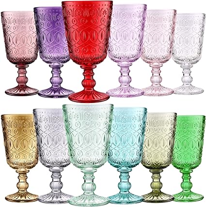 Photo 1 of 12 Pcs Wine Glass Goblets Colored Glass Goblets Bulk 9 oz Stemmed Glassware Vintage Pattern Embossed High Clear Drinking Glass with Stem Diamond Design for Wedding Party Banquet Feast, 12 Colors
