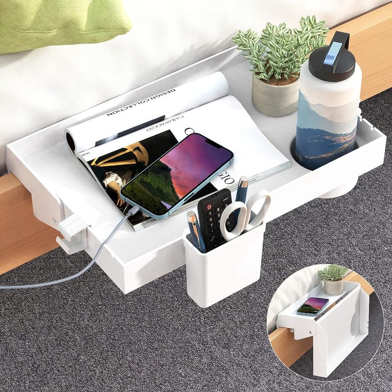 Photo 1 of SOLEJAZZ Bedside Shelf for Bed, Foldable Bunk Bed Shelf Clip On Nightstand Tray College Dorm Room Essential Table Caddy with Cup & Cord Holder for Top Bunk Organizer Bedroom, Normal Size, White 