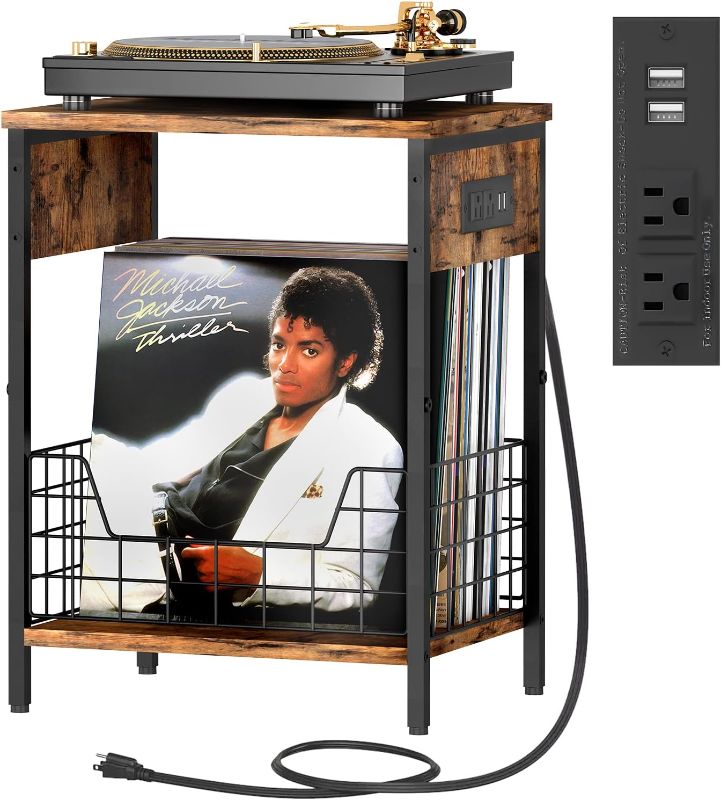 Photo 1 of 2-Tier Record Player Stand, Industrial Retro Side Table with Charging Station &USB Ports, End Table with Record Album Storage, Nightstand Small Table for Living Room Bedroom Small Spaces-Rustic Brown 