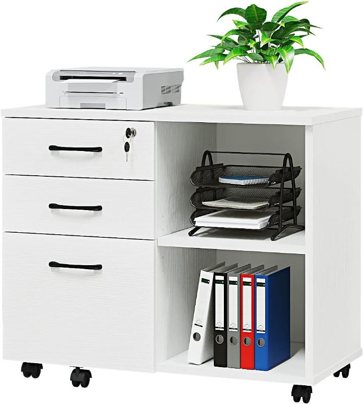 Photo 1 of Wood File Cabinet, 3 Drawer Mobile Lateral Filing Cabinet On Wheels, Printer Stand with Open Storage Shelves for Home Office(White)
