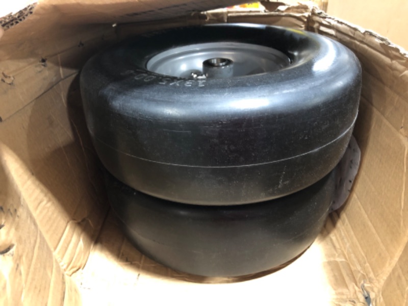 Photo 3 of 13x5.00-6 flat free tire and wheel, Zero-Turn Mower Front Solid Tire Assembly for Riding Lawn Mower Garden Tractor,3/4" Grease Bushing with Extra 5/8" Bushing,3.25"- 5.9" Center Hub (2 Pack)