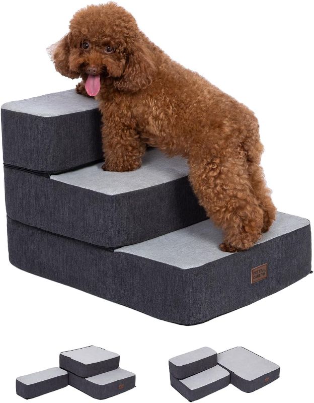 Photo 1 of Pettycare Dog Stairs for Small Dogs, Stitching Foam Pet Steps for High Beds Sofas and Chairs, DIY Pet Stairs Anti-Skid Folding Dog Steps for Large Dog and Cats,3 Step, Grey
