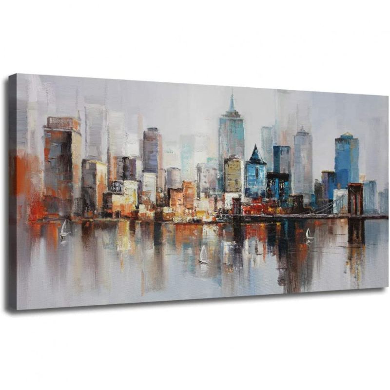 Photo 1 of  Wall Art Modern New York Abstract Canvas Cityscape Painting Large Framed, Colorful NYC Skyline Textured Picture for Living Room Bedroom Home Office Decor 40"x20" Original Design