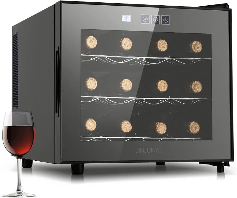 Photo 1 of JINJUNYE Wine Cooler Refrigerator, 12 Bottle Wine Fridge Small, Countertop Wine Cooler with Digital Temperature Control, Mini Freestanding Wine Cellars Glass Door for Home, Office, Bar, Gift for Men
