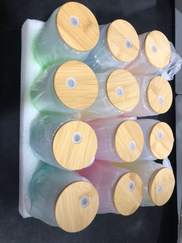 Photo 2 of 12 Pack Sublimation Glass Blanks 16oz Sublimation Color Changing Glass Cups Frosted Beer Can Tumbler Glass Wide Mouth Mason Jar Mug with Lids and Straws for Juice Iced Coffee Drinks (Gradient)