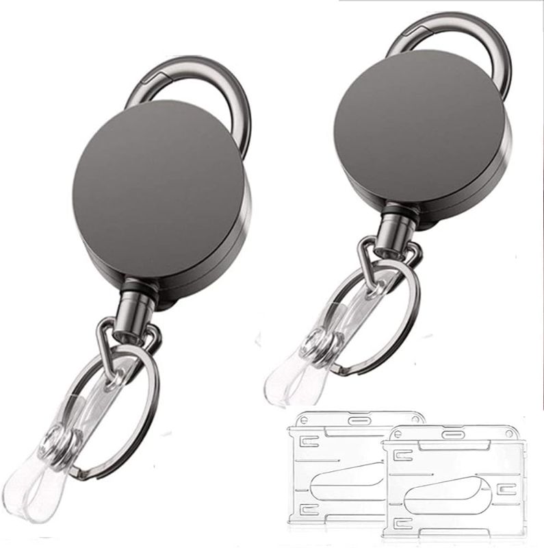 Photo 1 of 2 Packs Retractable Badge Holder Reel, ID Badge Holder,Heavy Badge roll-up Belt, Key Chain Clip, ID Card Hook, Key Card
