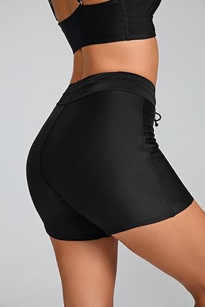 Photo 1 of Danga bay Women's High Waisted Swim Shorts with Pockets Drawstring Board Shorts Black Bathing Suit Bottoms Swimsuit Shorts