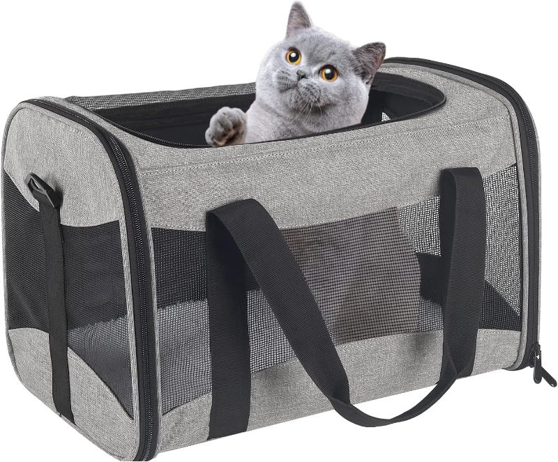 Photo 1 of  Pet Carrier Airline Approved, Protable and Breathable Pet Travel Carrier Removable Fleece Pad, Collapsible Cat Carrier Dog Carrier for Medium Cats Small Cats Dogs (gtey&Black)