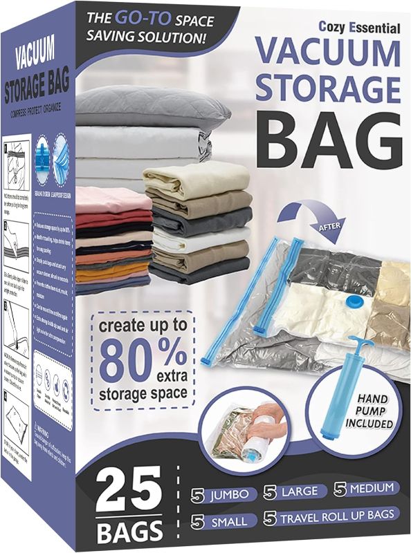 Photo 1 of 25 Pack Space Saver Bags (5 Jumbo/5 Large/5 Medium/5 Small/5 Roll) Compression Storage Bags for Comforters and Blankets, Vacuum Sealer Bags for Clothes Storage, Hand Pump Included