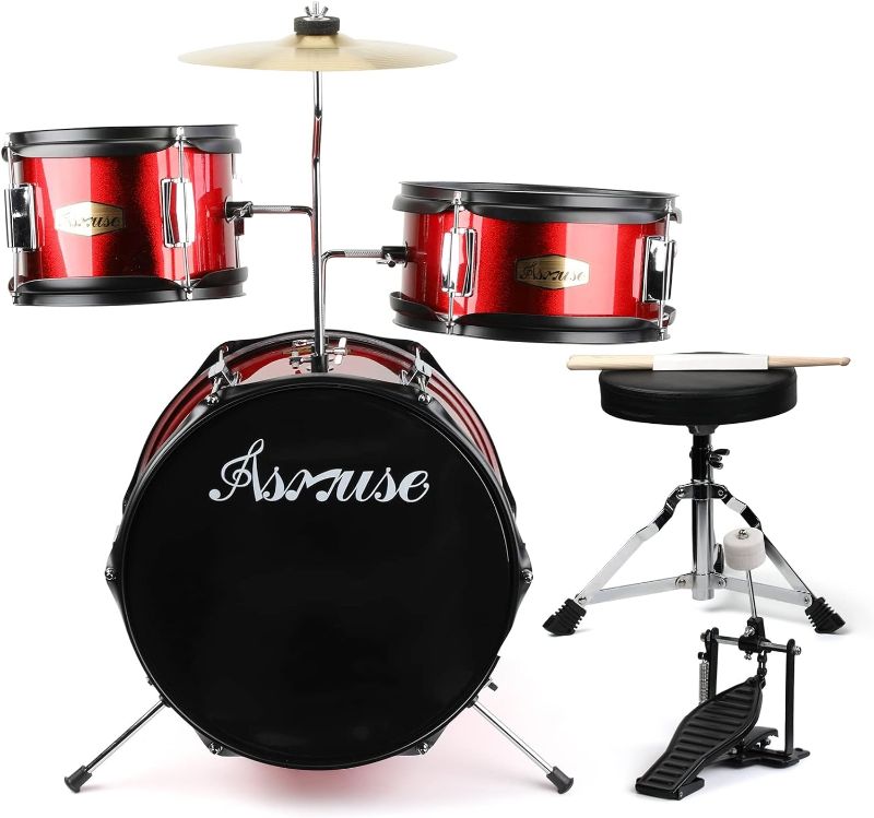 Photo 1 of Asmuse Kids Drum Set, 3 Piece Drum Set With Bass, Tom, Snare, Cymbal, Ideal Gifts for Boys and Girls (Red)
