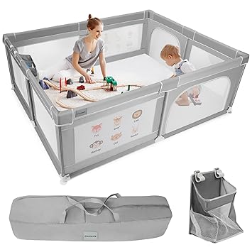 Photo 1 of Cowiewie Baby Playpen 76.77x 61.02x26.77 inch Extra Large Playpen with Hanging Basket, Safety Gate Playpen with Breathable Mesh and Prints, Kids Activity Center, Playpen for Babies and Toddlers
