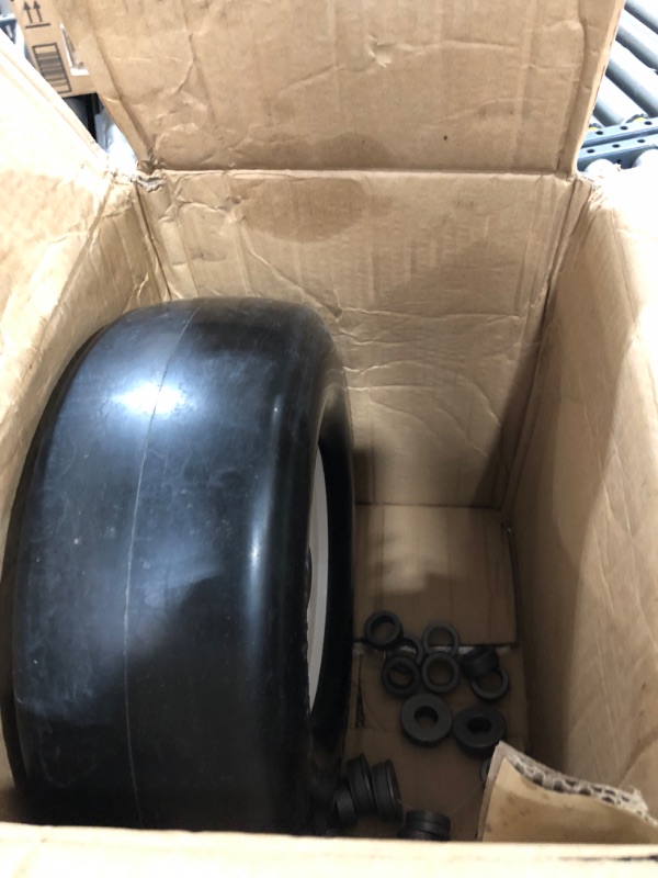 Photo 3 of 2 PCS Upgrade 13x5.00-6" Flat Free Lawn Mower Smooth Tire, Commercial Grade Lawn and Garden Mower Turf Replacement Solid Tire and Wheel with Steel Rim, 3/4" Grease Bushing and 3.25"-5.9" Centered Hub