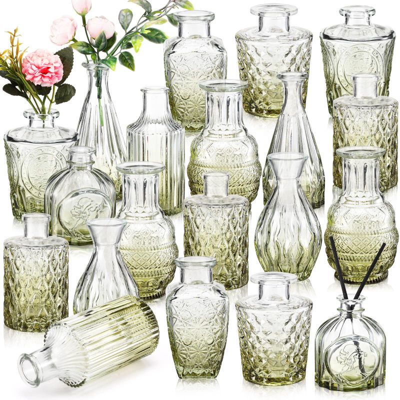 Photo 1 of 20 Pcs Glass Bud Vase Set Small Vases for Flowers Vintage Flower Vase in Bulk Cute Glass Vases for Centerpieces Rustic Decorative Glass Vase for Wedding Table Home Christmas Decoration (Green)