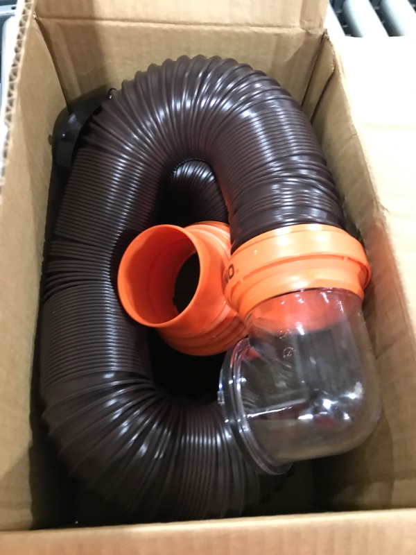 Photo 2 of Camco RhinoFLEX RV Sewer Hose Kit with Swivel Transparent Elbow and 4-in-1 Dump Station Fitting, Brown, 15 Feet (39770) 15ft Sewer Hose Kit Frustration-Free Packaging