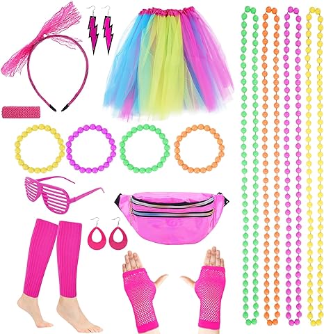 Photo 1 of cosmisun 80s Costume Outfit for Women Girls 80s Costumes Outfits Set Tutu Skirt Fishnet Gloves Lace Headband Leg Warmers Lightning and Teardrop Earrings Necklace Bracelet Fanny Pack Wristband Glasses