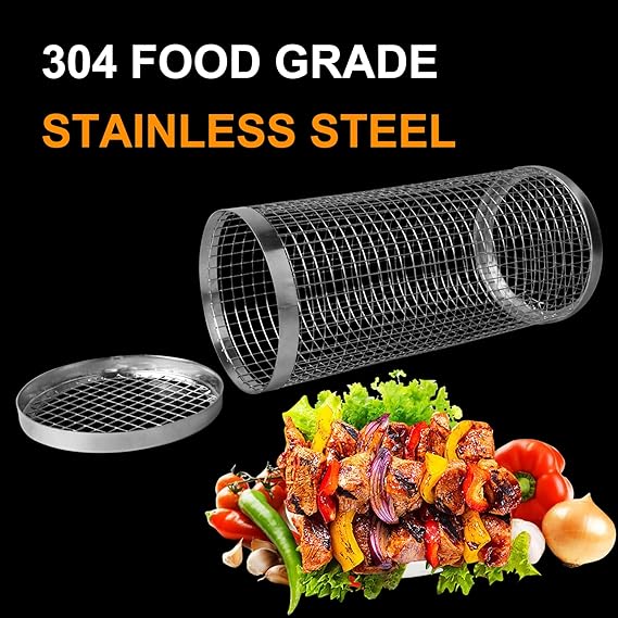 Photo 1 of 1PC Rolling Grilling Baskets,Outdoor Grill Bbq Net Tube,304 Stainless Steel Grilling Baskests,Large Cooking Accessories for Veggies Vegetable