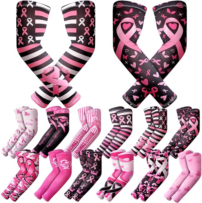 Photo 1 of Toulite 12 Pairs Breast Cancer Awareness Arm Sleeves Pink Ribbon Compression Sleeve Unisex Arm Bands Baseball for Sports
