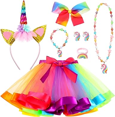 Photo 2 of  Pcs Halloween Unicorn Costume Set Unicorn Costume for Girls Tulle Rainbow Tutu Skirt with Rainbow Hair Bow Jewelry Set for Birthday Party Little Girls Gift