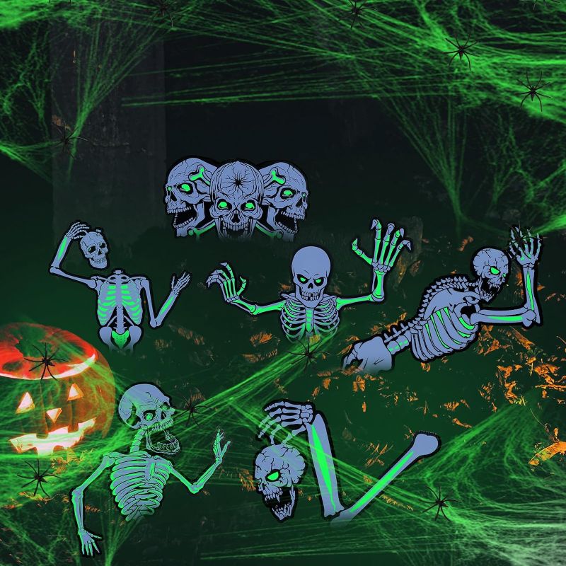 Photo 2 of 6 Pieces Glow in The Dark Halloween Yard Signs Outdoor Decorations Fluorescent Halloween Skeleton with Fluorescent Spider Web 30 Spiders Garden Decor Skeleton Lawn Signs for Yard Supplies