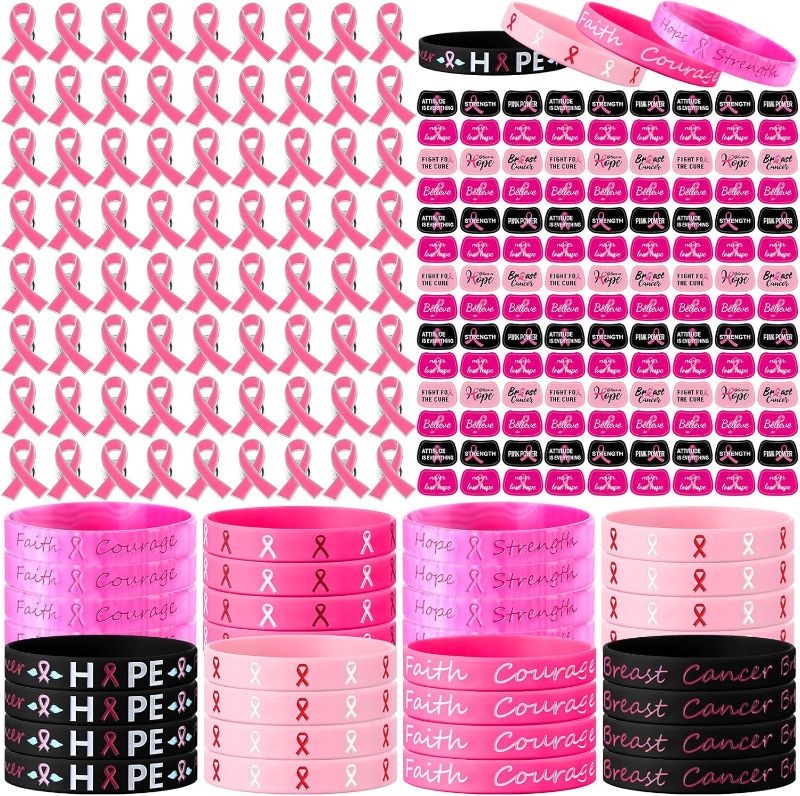 Photo 1 of 216 Pcs Breast Cancer Awareness Party Decorations Set Pink Ribbon Lapel Pins Faith Strength Survivor Wristbands Temporary Face Tattoos for Charity Public Event Fundraiser Campaign