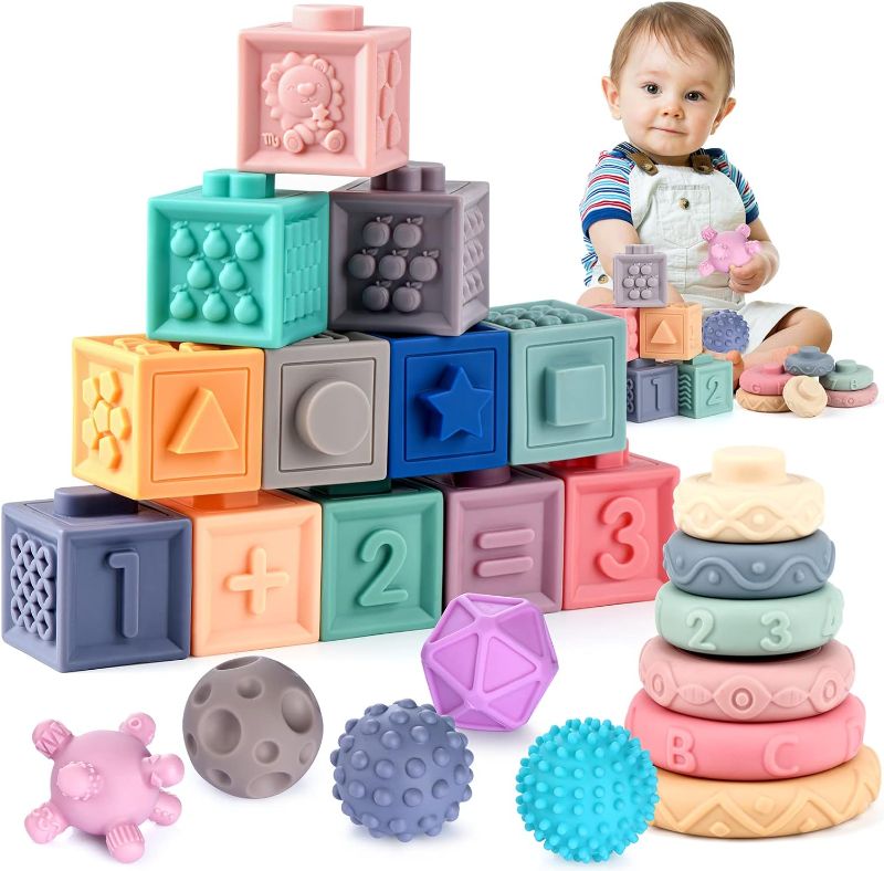 Photo 1 of Baby Toys for 6-12 Months, Montessori Toys for Babies 0-3-6-12 Months, Infants Stacking Building Blocks & Newborn Sensory Balls, 3 in 1 Developmental Education Toys for Toddlers 12-18 Months