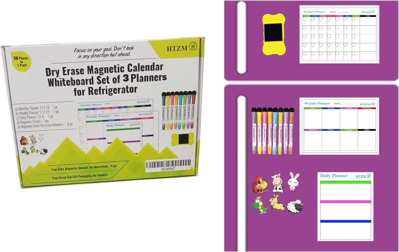 Photo 1 of HTZM Dry Erase magnetic calendar for fridge Calendar Whiteboard Set of 18 pcs, Comes Monthly, Weekly and Daily Planner, 8 Magnetic Markers,1 Magnetic Eraser, 6 Magnetic Stickers for home decorations. 