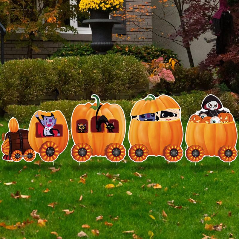 Photo 1 of 2 4Pcs Halloween Decorations Outdoor Yard Signs with Stakes,Pumpkin Train Skeleton Cute Halloween Decor, Scary Family Home Front Decoration for Thanksgiving Party 