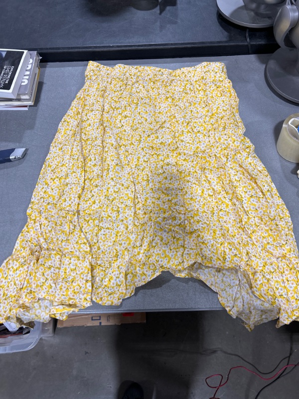 Photo 2 of Hibluco Women's Midi Skirt High Waist Asymmetrical Floral Skirt Boho Skirts X-Large A Yellow Floral