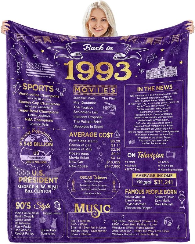 Photo 1 of 30th Birthday Gifts for Women Men Blanket 1993 30th Birthday Anniversary Weeding Decorations Turning 30 Year Old Bday Gift Idea for Wife Husband Girlfriend Boyfriend Back in 1993 Blanket 60Lx50W Inch