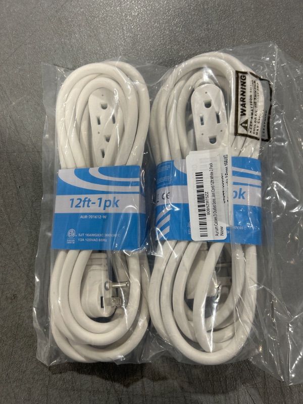 Photo 2 of Aurum Cables 3 Outlet Extension Cord for Indoor, 3 Prong Extension Cord with 16AWG 125V 1625W, ETL Listed Triple Wire Grounded Multi Outlet Plug 12ft White 2 Pack 12 ft 2 Pack White