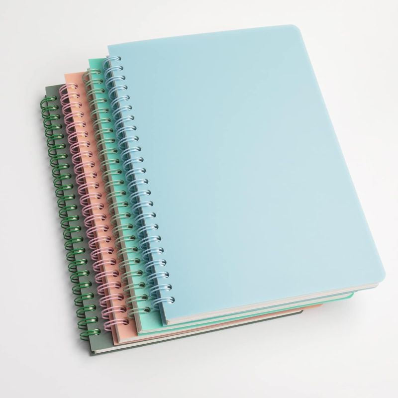 Photo 1 of LOPWO Spiral Notebook, 4 Pcs A5 Size Thick Plastic Hardcover 100 GSM 8mm Wide College Ruled Paper 160 Pages/80 Sheets Pastel Journal for Study and Taking Notes (A5, Pink, Green, Sky Blue, Dark Green) 