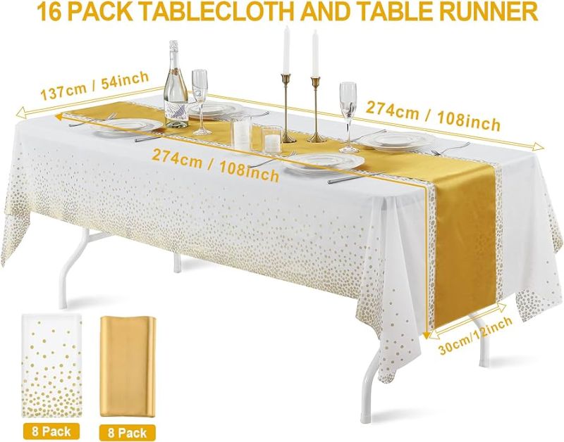 Photo 1 of 16 Pack Plastic Tablecloths 54" x 108" with Satin Table Runner 12" x 108", Disposable Tablecover for Rectangle Table for Wedding Party Birthday Halloween Horror Parties