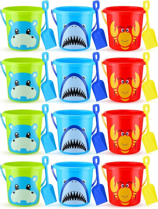 Photo 1 of 12 Set Sand Buckets and Shovels for Kids Bulk Beach Bucket Crab Hippo Shark Plastic Bucket Sand Pail with Handles Beach Toys for Building Castle Sandbox Summer Beach Party Supplies, Red, Blue, Green
