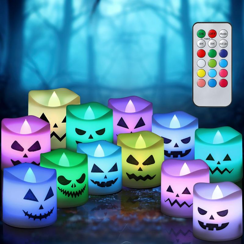 Photo 1 of 12 Pcs Halloween Flameless Votive Candles Battery Operated Remote Timer Color Changing LED Tealight Candles for Home Halloween Party Decorations, Battery Included, 1.5" x 2"
